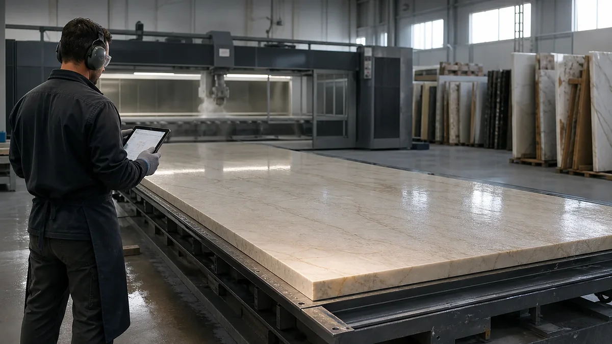 Un fabricante revisa en una tableta el diseño aprobado junto a una placa pulida sobre la mesa de corte