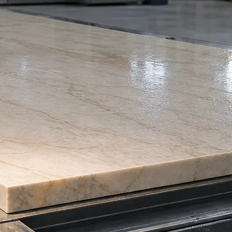 Chapa de mármore creme polida com veios cinza suaves e uma borda reta e nítida