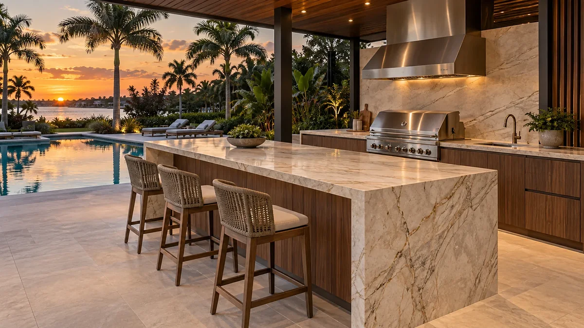 Cozinha gourmet sob uma varanda coberta ao pôr do sol, ilha de pedra com veios e banquetas trançadas, parede da churrasqueira com coifa de aço, a piscina e palmeiras